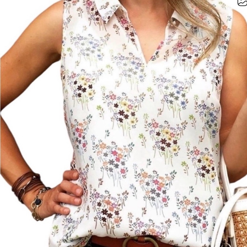 CAbi White Sleeveless Floral Collared Camisole